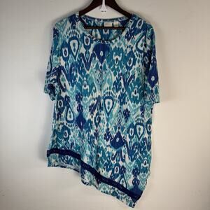 CHICOS Size 3 US XL Teal Paisley Print V- Neck Tunic Top Asymmetric Hem Boho